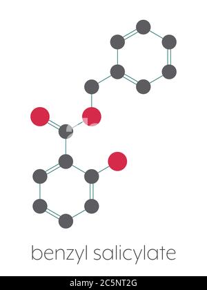 Molécule de salicylate de benzyle (benzyl 4-hydroxybenzoate). Utilisé dans les cosmétiques et les parfums. Formule squelettique stylisée (structure chimique) : les atomes sont représentés par des cercles de couleur : hydrogène (caché), carbone (gris), oxygène (rouge). Banque D'Images