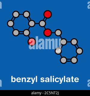 Molécule de salicylate de benzyle (benzyl 4-hydroxybenzoate). Utilisé dans les cosmétiques et les parfums. Formule squelettique stylisée (structure chimique) : les atomes sont représentés par des cercles de couleur : hydrogène (caché), carbone (gris), oxygène (rouge). Banque D'Images