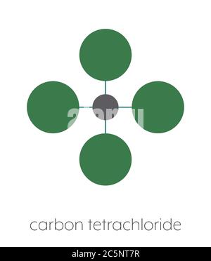 Molécule de solvant de tétrachlorure de carbone (tétrachlorométhane). Formule squelettique stylisée (structure chimique) : les atomes sont représentés par des cercles de couleur : hydrogène (caché), carbone (gris). Banque D'Images