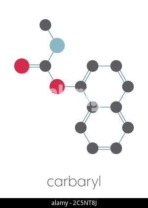 Molécule d'insecticide carbaryle (carbaril) (classe carbamate). Formule squelettique stylisée (structure chimique) : les atomes sont représentés par des cercles de couleur : hydrogène (caché), carbone (gris), oxygène (rouge), azote (bleu). Banque D'Images