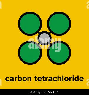 Molécule de solvant de tétrachlorure de carbone (tétrachlorométhane). Formule squelettique stylisée (structure chimique) : les atomes sont représentés par des cercles de couleur : hydrogène (caché), carbone (gris). Banque D'Images