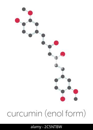 Curcumine curcuma molécule d'épices. Formule squelettique stylisée (structure chimique) : les atomes sont représentés par des cercles de couleur : hydrogène (caché), carbone (gris), oxygène (rouge). Banque D'Images