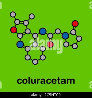 Molécule de Coluracetam. Formule squelettique stylisée (structure chimique) : les atomes sont représentés par des cercles de couleur : hydrogène (caché), carbone (gris), oxygène (rouge), azote (bleu). Banque D'Images