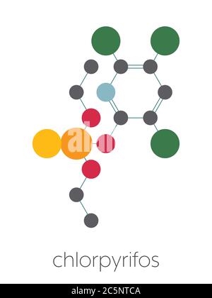 Molécule de pesticide chlorpyrifos organophosphoré. Toxique et cancérogène. Principalement utilisé dans l'agriculture. Formule squelettique stylisée (structure chimique) : les atomes sont représentés par des cercles de couleur : hydrogène (caché), carbone (gris), azote (bleu), oxygène (rouge), soufre (jaune), phosphore (orange), chlore (vert). Banque D'Images