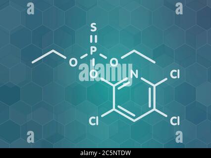 Molécule de pesticide chlorpyrifos organophosphoré. Toxique et cancérogène. Principalement utilisé dans l'agriculture. Formule squelettique. Banque D'Images