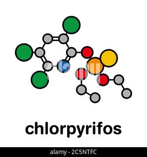 Molécule de pesticide chlorpyrifos organophosphoré. Toxique et cancérogène. Principalement utilisé dans l'agriculture. Formule squelettique stylisée (structure chimique) : les atomes sont représentés par des cercles de couleur : hydrogène (caché), carbone (gris), azote (bleu), oxygène (rouge), soufre (jaune), phosphore (orange), chlore (vert). Banque D'Images