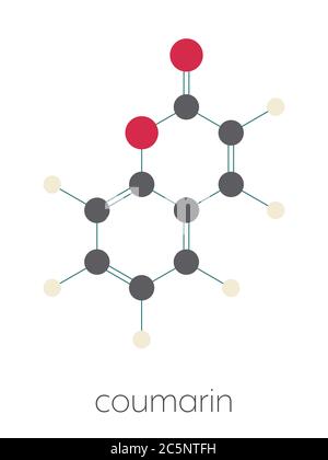 Molécule parfumée à la coumarine. Responsable du parfum de foin de la nouvelle-mown. Formule squelettique stylisée (structure chimique) : les atomes sont représentés par des cercles de couleur : hydrogène (beige), carbone (gris), oxygène (rouge). Banque D'Images