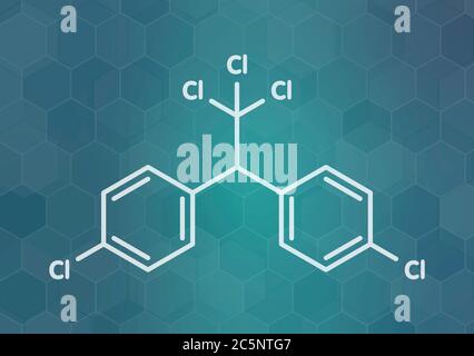 Molécule de DDT (dichlorodiphényltrichloroéthane). Pesticide controversé, utilisé dans l'agriculture et pour la lutte contre les vecteurs de la maladie du paludisme. Formule squelettique. Banque D'Images