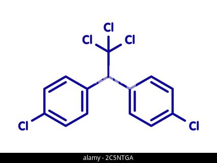 Molécule de DDT (dichlorodiphényltrichloroéthane). Pesticide controversé, utilisé dans l'agriculture et pour la lutte contre les vecteurs de la maladie du paludisme. Formule squelettique. Banque D'Images