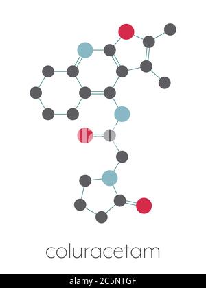 Molécule de Coluracetam. Formule squelettique stylisée (structure chimique) : les atomes sont représentés par des cercles de couleur : hydrogène (caché), carbone (gris), oxygène (rouge), azote (bleu). Banque D'Images