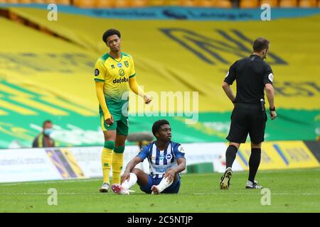 4 juillet 2020 ; Carrow Road, Norwich, Norfolk, Angleterre, Premier League football anglais, Norwich versus Brighton et Hove Albion ; Jamal Lewis de Norwich City réagit alors qu'il est réservé Banque D'Images