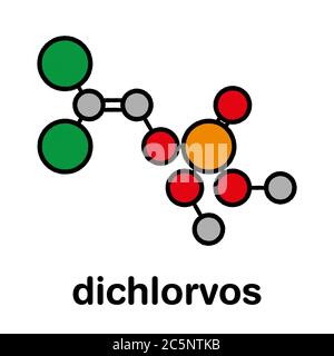 Dichlorvos organophosphate molécule d'insecticide. Pesticide neurotoxique qui bloque l'enzyme acétylcholinestérase. Formule squelettique stylisée (structure chimique) : les atomes sont représentés par des cercles de couleur : hydrogène (caché), carbone (gris), azote (bleu), oxygène (rouge), phosphore (orange). Banque D'Images