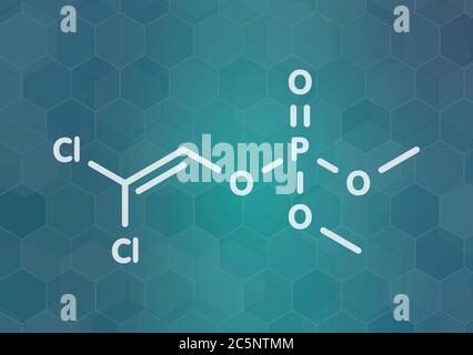 Dichlorvos organophosphate molécule d'insecticide. Pesticide neurotoxique qui bloque l'enzyme acétylcholinestérase. Formule squelettique. Banque D'Images