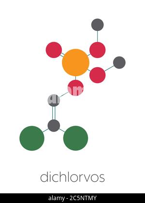 Dichlorvos organophosphate molécule d'insecticide. Pesticide neurotoxique qui bloque l'enzyme acétylcholinestérase. Formule squelettique stylisée (structure chimique) : les atomes sont représentés par des cercles de couleur : hydrogène (caché), carbone (gris), azote (bleu), oxygène (rouge), phosphore (orange). Banque D'Images