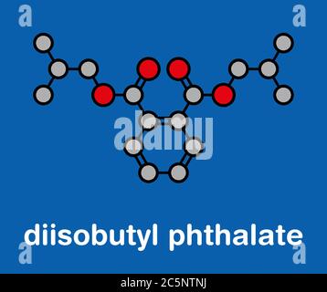 Molécule plastifiant du phtalate de diisobutyle (DIPI). Formule squelettique stylisée (structure chimique) : les atomes sont représentés par des cercles de couleur : hydrogène (caché), carbone (gris), oxygène (rouge). Banque D'Images