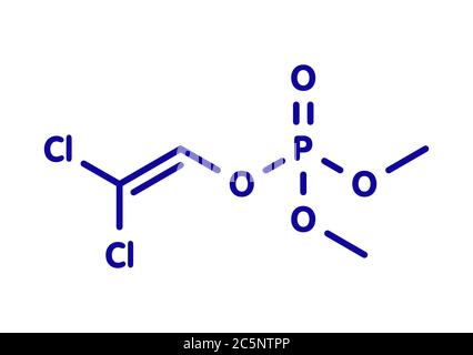 Dichlorvos organophosphate molécule d'insecticide. Pesticide neurotoxique qui bloque l'enzyme acétylcholinestérase. Formule squelettique. Banque D'Images