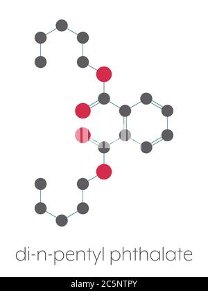 Molécule de plastifiant du phtalate de di-n-pentyl (DNPP). Formule squelettique stylisée (structure chimique) : les atomes sont représentés par des cercles de couleur : hydrogène (caché), carbone (gris), oxygène (rouge). Banque D'Images