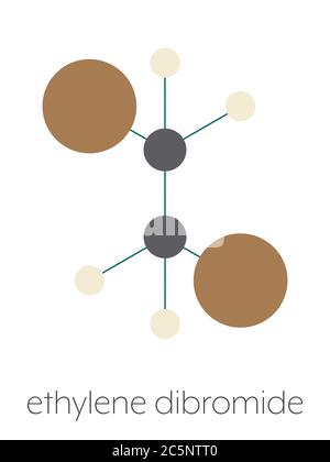 Dibromure d'éthylène (EDB, 1,2-dibromoéthane) molécule fumigène. Formule squelettique stylisée (structure chimique) : les atomes sont représentés par des cercles de couleur : hydrogène (beige), carbone (gris), brome (marron). Banque D'Images
