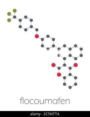 Molécule de rodenticide Flocoumafen (antagoniste de la vitamine K). Formule squelettique stylisée (structure chimique) : les atomes sont représentés par des cercles de couleur : hydrogène (caché), carbone (gris), oxygène (rouge), fluor (cyan). Banque D'Images