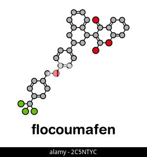 Molécule de rodenticide Flocoumafen (antagoniste de la vitamine K). Formule squelettique stylisée (structure chimique) : les atomes sont représentés par des cercles de couleur : hydrogène (caché), carbone (gris), oxygène (rouge), fluor (cyan). Banque D'Images