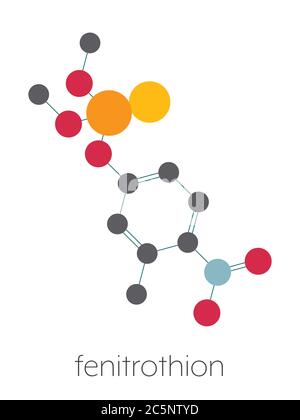 Molécule d'insecticide de phosphorioate de fénitrothion. Formule squelettique stylisée (structure chimique) : les atomes sont représentés par des cercles de couleur : hydrogène (caché), carbone (gris), azote (bleu), oxygène (rouge), soufre (jaune), phosphore (orange). Banque D'Images