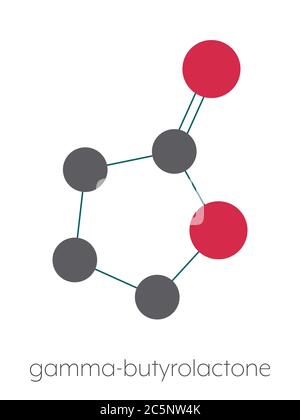 Molécule de solvant de gamma-butyrolactone (GBL). Utilisé comme forme prodrogue du GHB (acide gamma-hydroxybutyrique). Formule squelettique stylisée (structure chimique) : les atomes sont représentés par des cercles de couleur : hydrogène (caché), carbone (gris), oxygène (rouge). Banque D'Images