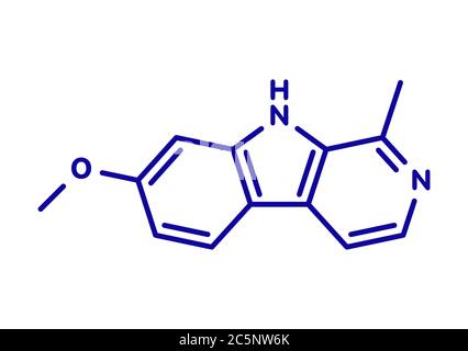 Molécule alcaloïde harmine. Inhibiteur de l'oxydase de monoamine de fines herbes A. (MAO-A). Formule topologique. Banque D'Images