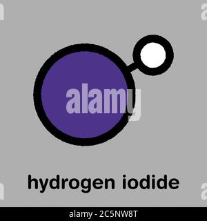 Molécule d'iodure d'hydrogène (HI). Formule squelettique stylisée (structure chimique) : les atomes sont représentés par des cercles de couleur : hydrogène (blanc), iode (violet). Banque D'Images