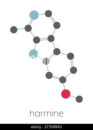 Molécule d'alcaloïde de harmine. Inhibiteur à base de plantes de la monoamine oxydase A. (Mao-A). Formule squelettique stylisée (structure chimique) : les atomes sont représentés par des cercles de couleur : hydrogène (caché), carbone (gris), oxygène (rouge), azote (bleu). Banque D'Images