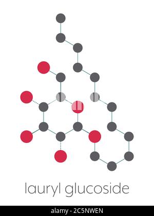 Molécule non ionique de surfactant lauryl glucoside (dodécyl glucoside). Détergent doux, souvent utilisé dans les cosmétiques, les shampooings, etc. Glycoside produit à partir de l'alcool lauryle et du glucose. Formule squelettique stylisée (structure chimique) : les atomes sont représentés par des cercles de couleur : hydrogène (caché), carbone (gris), oxygène (rouge). Banque D'Images