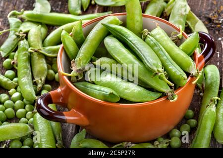 Petits pois en dosettes dans un bol en céramique sur une table en bois. Petits pois biologiques sains et doux mûrs dans un bol sur l'ancienne table rustique. Banque D'Images