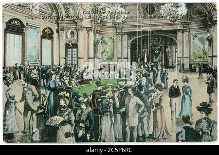 FRANCE - VERS 1902 : carte postale vintage avec des bords altérés sur fond blanc imprimée vers 1902, France. Image rétro de la salle de jeux du Casino, Monte- Banque D'Images