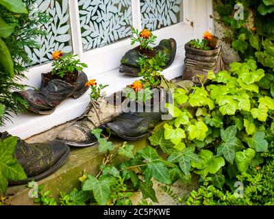 Vieilles chaussures faites dans des pots de fleurs originaux avec des marigolds plantés en eux sur le rebord de la fenêtre, White Horse Close, Édimbourg, Écosse, Royaume-Uni Banque D'Images