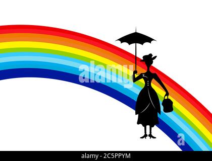 Silhouette fille flotte avec parapluie dans sa main et arc-en-ciel coloré dans le ciel, style Poppins, vecteur isolé ou fond blanc Illustration de Vecteur