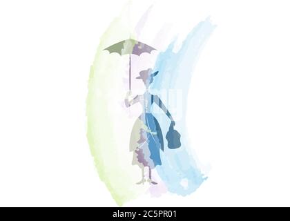 Silhouette fille flotte avec parapluie dans sa main, aquarelle , style Mary Poppins, vecteur isolé Illustration de Vecteur