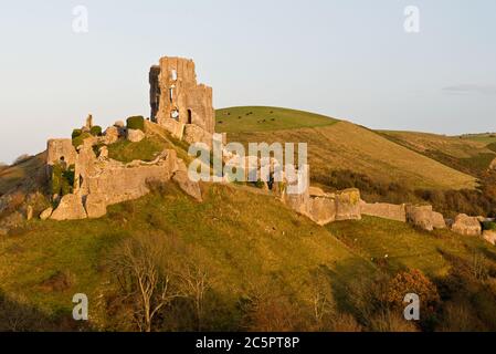 Vue automnale du château médiéval de Corfe à Dorset au crépuscule. Propriété de National Trust dans l'île de Purbeck, Dorset, Angleterre, Royaume-Uni Banque D'Images