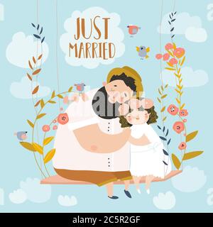 Le couple heureux est assis sur balançoire en fleurs. Juste marié Illustration de Vecteur