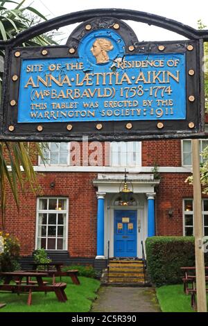 Site de la résidence d'Anna Laetitla Aikin, Mme barbauld, 1758,1774, tablette érigée Par la Warrington Society,1911 Banque D'Images