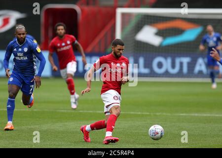 Bristol, Royaume-Uni. 04e juillet 2020. Nahki Wells de Bristol City en action. Match de championnat EFL Skybet, Bristol City et Cardiff City au stade Ashton Gate de Bristol le samedi 4 juillet 2020. Cette image ne peut être utilisée qu'à des fins éditoriales. Usage éditorial uniquement, licence requise pour un usage commercial. Aucune utilisation dans les Paris, les jeux ou les publications d'un seul club/ligue/joueur. photo par Andrew Orchard/Andrew Orchard sports Photography/Alamy Live News crédit: Andrew Orchard sports Photography/Alamy Live News Banque D'Images