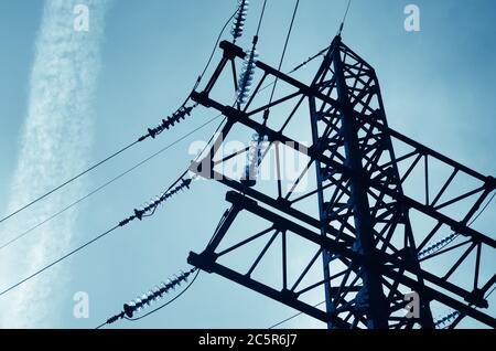arrière-plan, grand, noir, bleu, affaires, câble, courant, danger, distribution, électrique, électricité, électricité, énergie, ingénierie, équipement, réseau, Banque D'Images