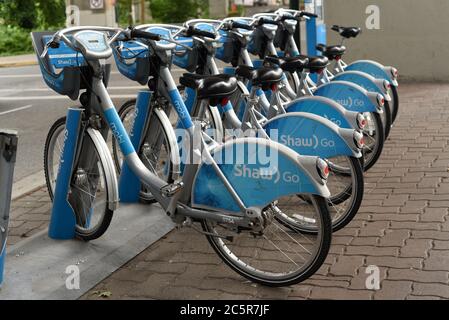 Une rangée de bicyclettes de location, qui fait partie des programmes Mobi by Shaw Go de Vancouver Bike Share Inc., est montée dans un porte-vélos sur l’île Granville, à Vancouver (Colombie-Britannique) Banque D'Images