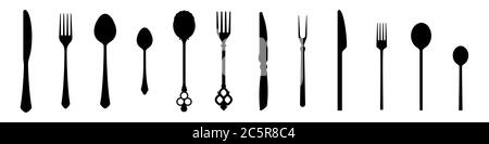 Silhouettes à couverts, un ensemble de couteaux, cuillères et fourchettes vintage et moderne. 12 éléments isolés sur blanc. Banque D'Images