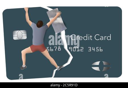 Un homme utilise la bande de conduit comme il essaie de réparer son crédit en tapant ensemble une carte de crédit cassée. Banque D'Images