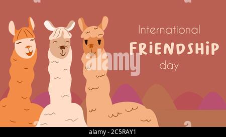 Adorables lamas de 3 amis souriant et riant pour la journée internationale de l'amitié ou la fête mondiale de l'amitié. Dessin animé d'illustration vectorielle Illustration de Vecteur