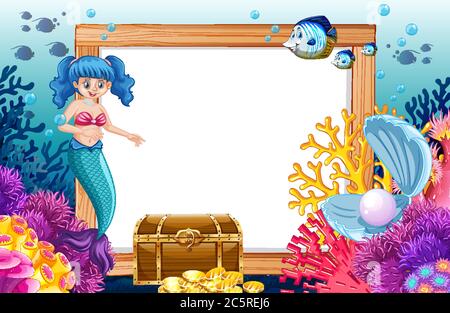 Mermaid et thème d'animal de mer avec bannière vierge style de dessin animé sur fond sous la mer illustration Illustration de Vecteur