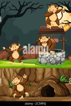 Les singes sauvages se regroupent dans de nombreuses poses en style de dessin animé de parc animal sur l'illustration de fond de nuit Illustration de Vecteur