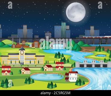 Ville à thème de nuit parc ville ville ville ville ville avec l'illustration de la scène de paysage de lune Illustration de Vecteur