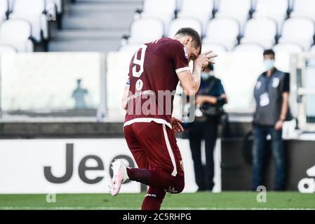 Turin, Italie. 04e juillet 2020. Andrea Belotti de Turin célèbre pendant le match de football de la série A Juventus FC vs Torino. Juventus a remporté le concours 4-1, au stade Allianz de Turin (photo d'Alberto Gandolfo/Pacific Press) crédit: Pacific Press Agency/Alay Live News Banque D'Images