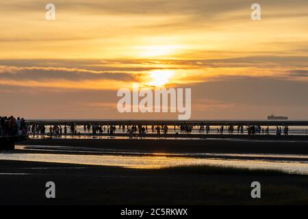 Des gens bondés jouant l'eau dans les zones humides de Gaomei pendant l'heure du coucher du soleil. District de Qingshui, Taichung City, Taïwan Banque D'Images