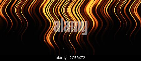 Des bandes lumineuses floues et brillantes panomariques en mouvement sur un arrière-plan abstrait. Rayons d'or. Voyant LED. Technologie future. Scène dynamique brillante. Évasement au néon. MAG Banque D'Images